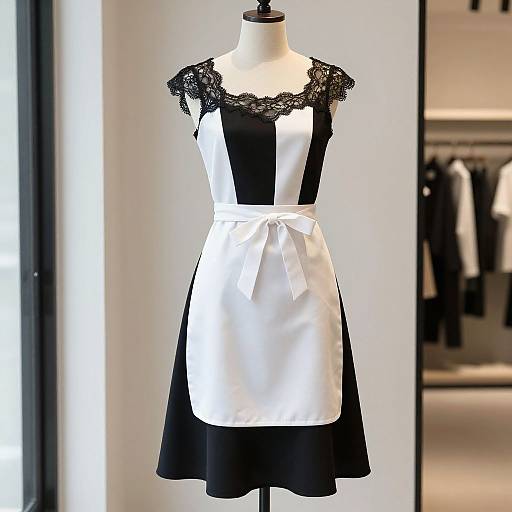 Photograph of a black-and-white vintage-inspired dress with lace cap sleeves, white apron, and black skirt, displayed on a mannequin in