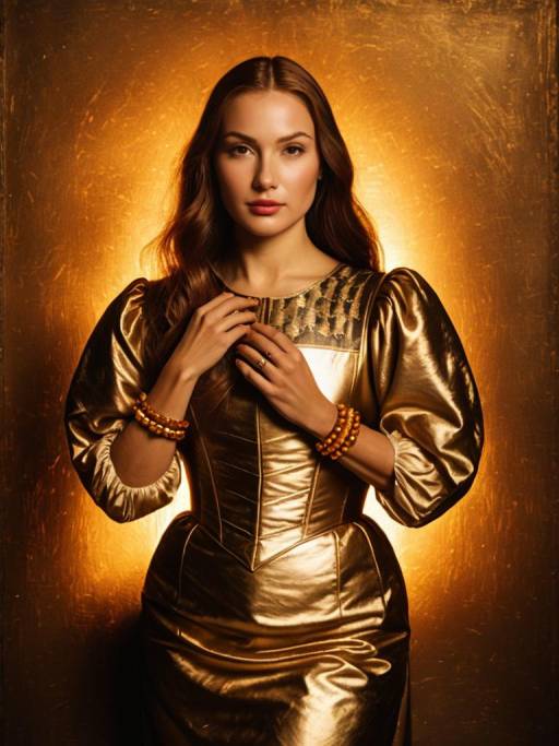 Woman in Gold Metallic Dress with Bishop Sleeves