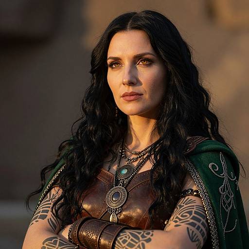 Photograph of a serious, dark-haired woman with tattoos, wearing medieval armor and a green cloak, illuminated by warm sunlight.