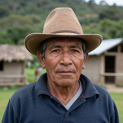 Photograph of an elderly man with medium-brown skin, wearing a beige straw hat and dark blue polo shirt, standing in front of rustic wooden h