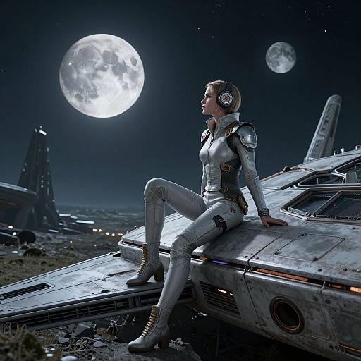 CGI image of a futuristic spacewoman in white armor, headphones, and boots, sitting on a damaged spaceship at night, moonlit sky, stars