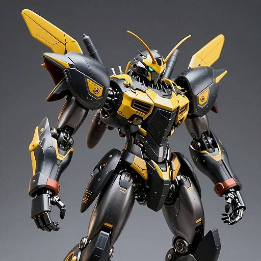 Digital CGI of a yellow and black mecha robot with insect-like wings, green eyes, and red wristbands, standing against a gray gradient background.