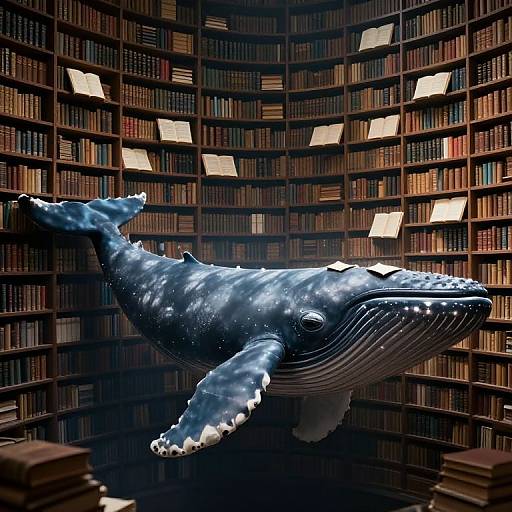 Photorealistic CGI of a giant blue whale with white speckles floating in a dimly lit, circular library filled with dark wooden shelves and illuminated