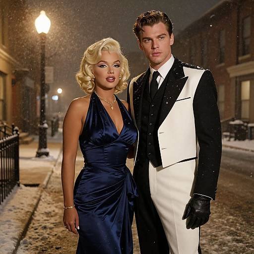 Photograph of a blonde woman in a navy satin halter dress and a man in a black and white tuxedo, standing on a snowy,