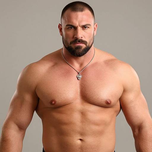 Photograph of a muscular, bearded, tan-skinned man with short dark hair, wearing a silver necklace with a pendant, standing shirtless against