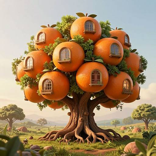 Digital illustration of an orange tree with six round, orange fruit houses, each with arched windows, set in a sunny, grassy field.