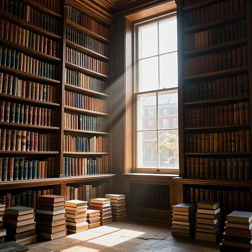 Photograph of a sunlit library corner with wooden bookshelves filled with leather-bound books, stacks on the floor, and a tall window casting rays