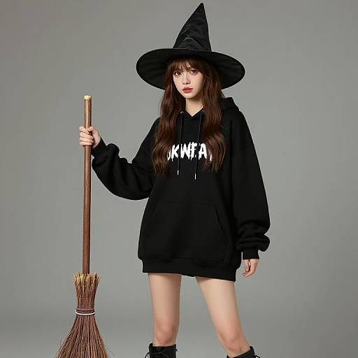 Photograph of a young woman in a black witch hat, oversized black hoodie with 