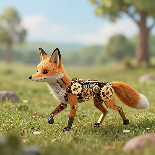 Photorealistic CGI of a fox with a mechanical body, featuring gears and cogs, walking through a sunny, grassy meadow with blurred trees