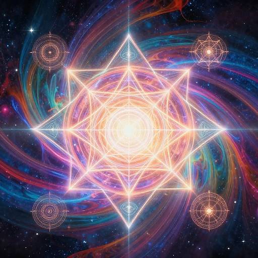 Digital art of a glowing, multi-layered star with intricate geometric patterns against a swirling, colorful cosmic background filled with stars.