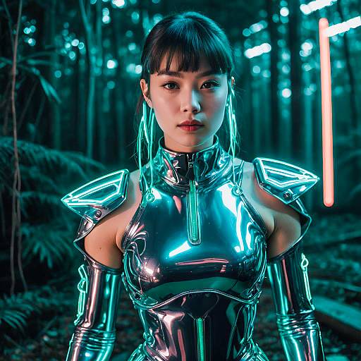 Futuristic Woman in Metallic Silver Bodysuit