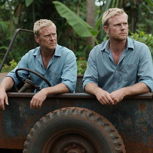 Serious Men in Jungle with Rusty Vehicle