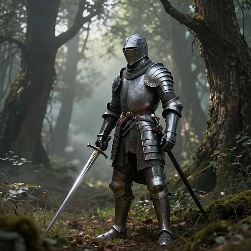 Photograph-style CGI of a medieval knight in full steel armor, helmeted, holding a sword, standing in a misty forest.