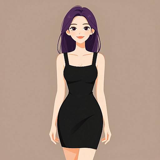 Digital anime-style drawing of a smiling woman with straight purple hair, wearing a tight black sleeveless dress, standing against a plain beige background.