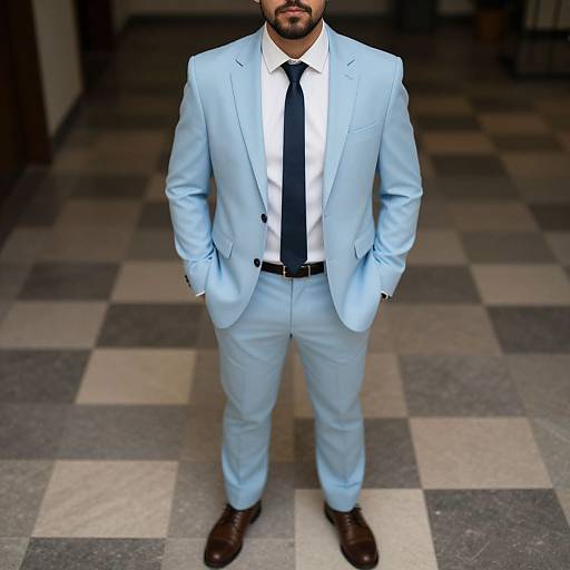 Photograph of a bearded man in a light blue suit, white shirt, black tie, brown shoes, standing on a checkered floor.