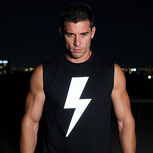 Photograph of a muscular man with short dark hair, wearing a black sleeveless shirt with a bold white lightning bolt, standing against a dark night sky