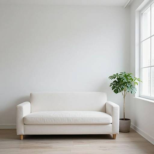 Minimalist photograph of a white armchair with wooden legs, next to a potted green plant, in a bright, white-walled room with a