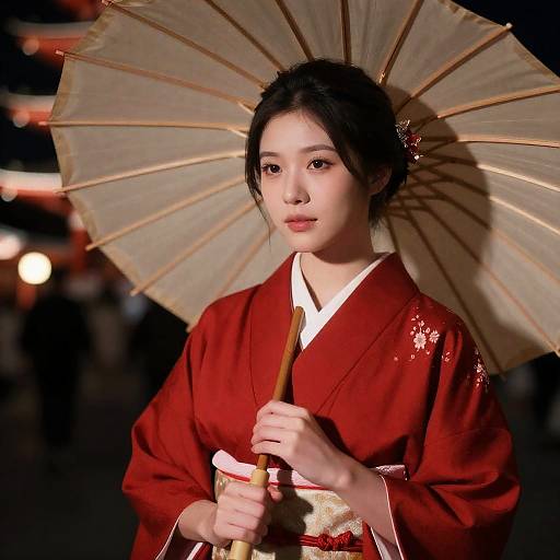 Woman in Red Kimono at Temple