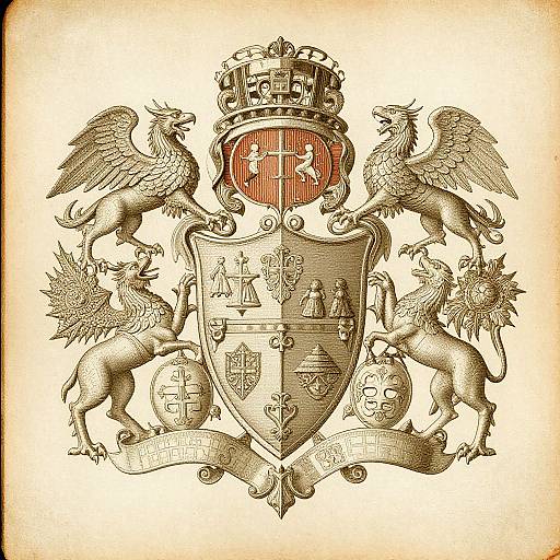 Sepia-toned, intricately detailed heraldic coat of arms featuring a crowned shield with lions, globe, and motto scroll, flanked by two