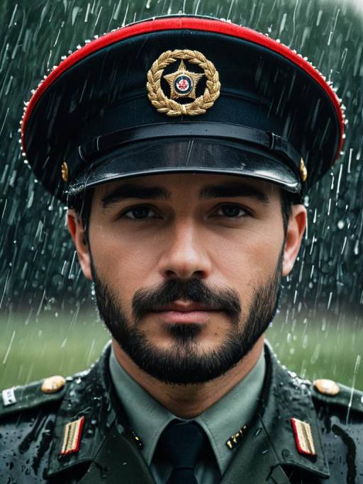 Military Man in Rain with Peaked Cap