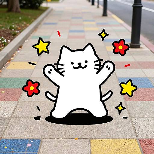 Cartoon white cat with raised arms and smiling, surrounded by yellow and red stars, digitally superimposed on a colorful sidewalk.