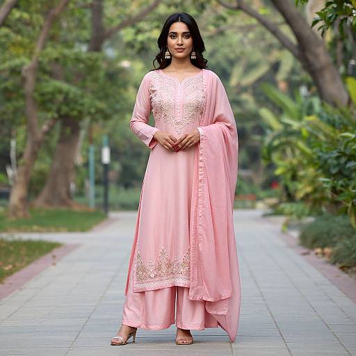 Photograph of a South Asian woman with medium skin tone and long black hair, wearing a pink embroidered salwar kameez, standing on a tree