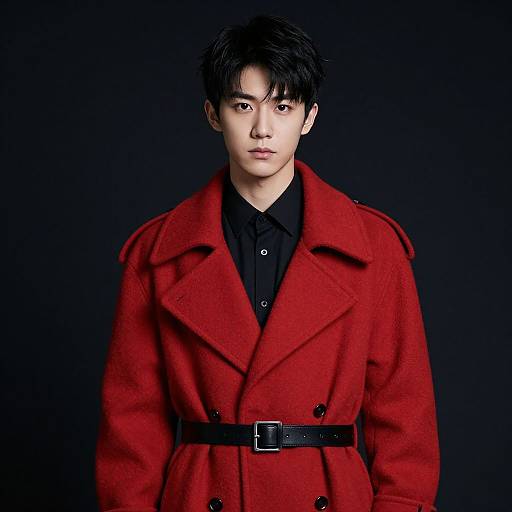 Photograph of a young Asian man with short black hair, wearing a bright red, double-breasted coat with black belt, black shirt, against a