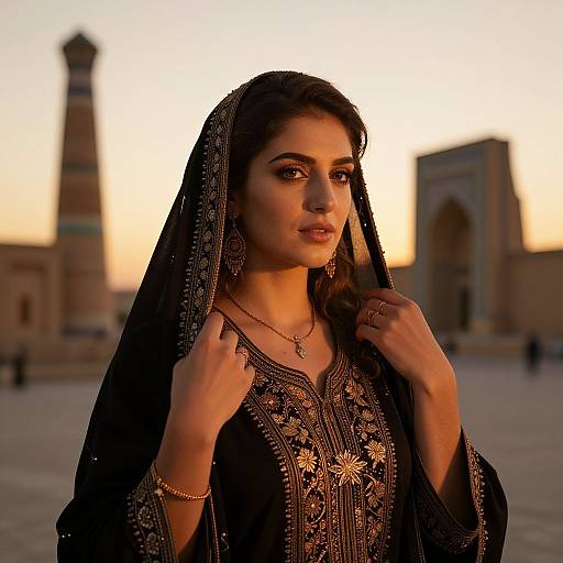 Photograph of a young woman with medium brown skin, dark hair, wearing a black embroidered shawl and traditional dress, standing in a sunlit courtyard