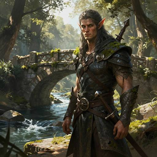 Digital fantasy artwork of a muscular, gray-haired elf warrior with pointed ears, wearing dark armor, standing by a sunlit forest stream and moss-covered stone