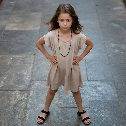 Photograph of a young girl with dark hair, wearing a beige dress, black sandals, and a beaded necklace, standing confidently with hands on hips