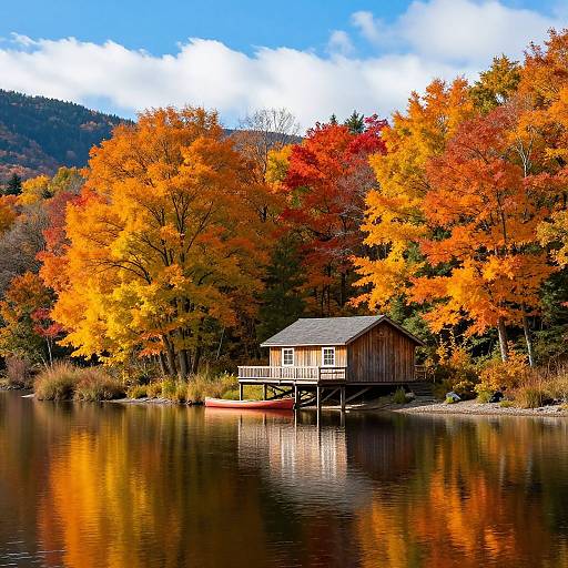Photograph of a wooden house on stilts by a calm lake, surrounded by vibrant autumn trees with red, orange, and yellow foliage, under a