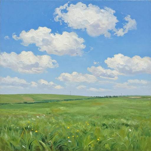 Digital painting of a vibrant green meadow under a bright blue sky with fluffy white clouds, dotted with yellow wildflowers.