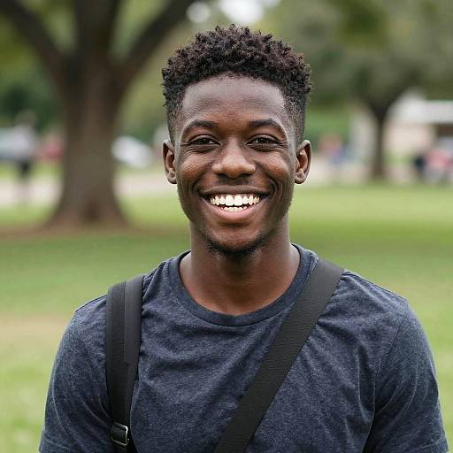 Photograph of a smiling young Black man with short curly hair, wearing a dark gray shirt and black suspenders, set against a blurred green park background
