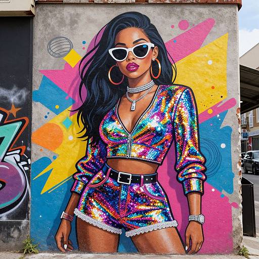 Photograph of a confident Black woman in a vibrant, multicolored sequin crop top and shorts, large white sunglasses, and hoop earrings, standing