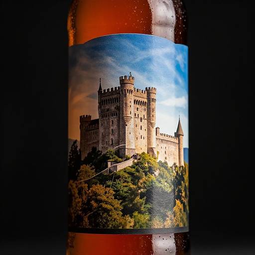 Photograph of a beer bottle with a vivid label featuring a medieval castle on a hill, surrounded by autumn foliage, under a bright blue sky.