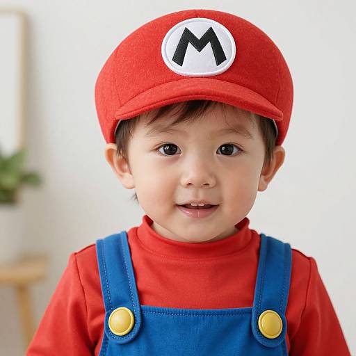 Photograph of a young Asian boy with fair skin, wearing a red Mario hat, red shirt, and blue overalls, smiling against a bright,