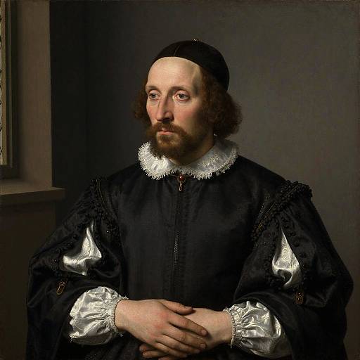 Photograph-style painting of a 16th-century man with curly brown hair, beard, wearing a black, lace-trimmed shirt, white r