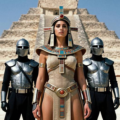 CGI image of a strong, tan-skinned woman in ancient Egyptian attire with colorful headdress, flanked by two armored knights, in front of