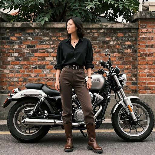 Asian woman with medium-length black hair, wearing black shirt, brown pants, and brown boots, stands beside a white motorcycle against a brick wall. Photograph
