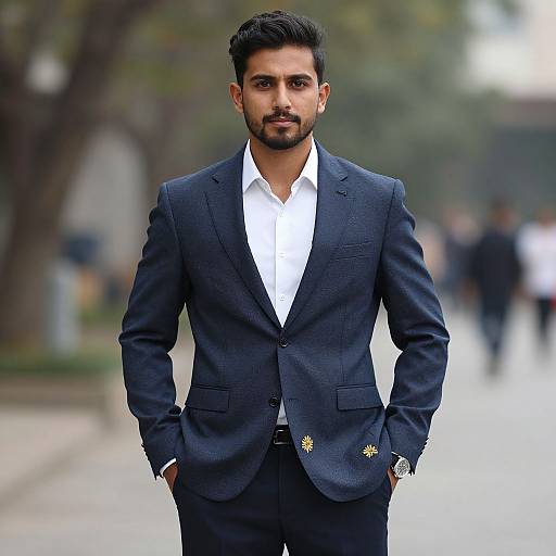 Photograph of a handsome, bearded South Asian man with dark hair, wearing a navy suit, white shirt, and gold buttons, standing confidently with