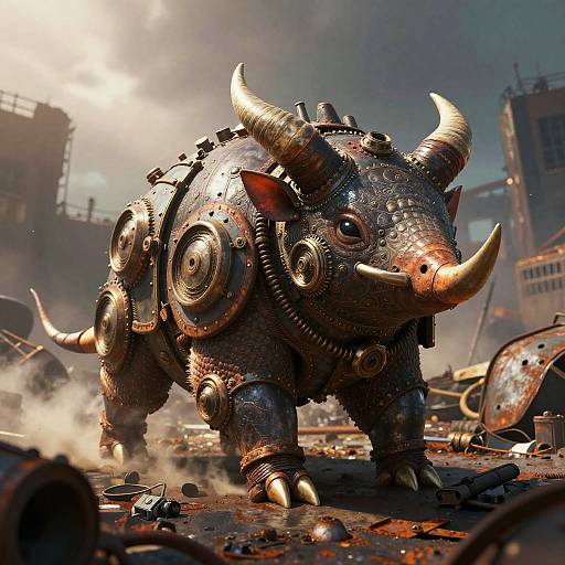 Digital CGI image of a heavily armored, mechanical war boar with large horns, gears, and rivets, standing amidst a post-apocalyptic, smoke
