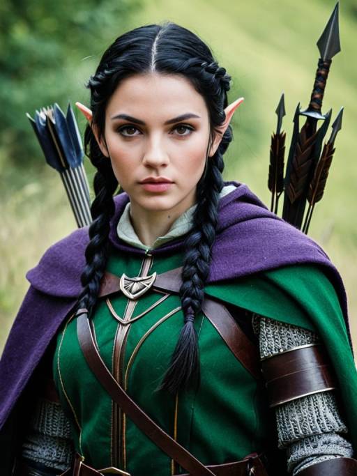 Female Elf Warrior in Armor with Bow and Arrows