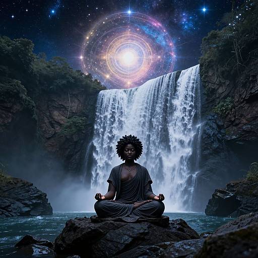 Digital artwork of a dark-skinned, curly-haired person in meditation pose at a glowing waterfall, with a cosmic galaxy above.