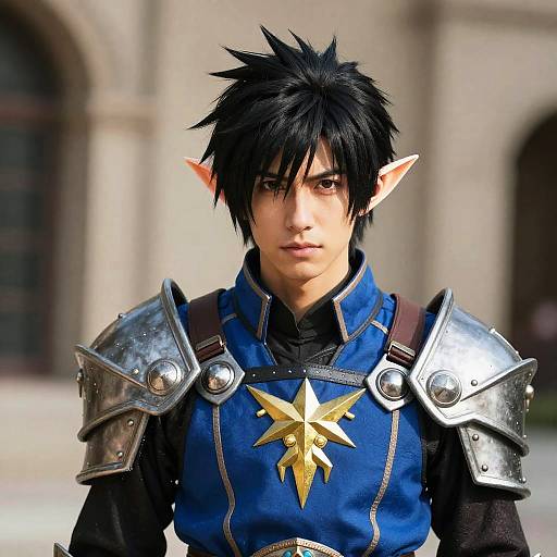 Photograph of a young man in fantasy cosplay, with spiky black hair, elf ears, blue armor, and a gold star emblem, standing in
