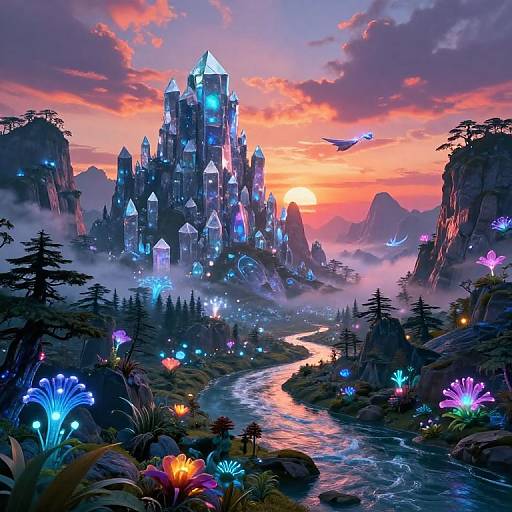 Vibrant digital fantasy landscape: glowing castle at sunset, bioluminescent flowers, misty river, flying dragon, colorful sky, and rocky