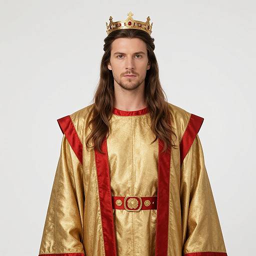 Photograph of a long-haired Caucasian man with a beard, wearing a gold and red royal robe and crown, against a white background.