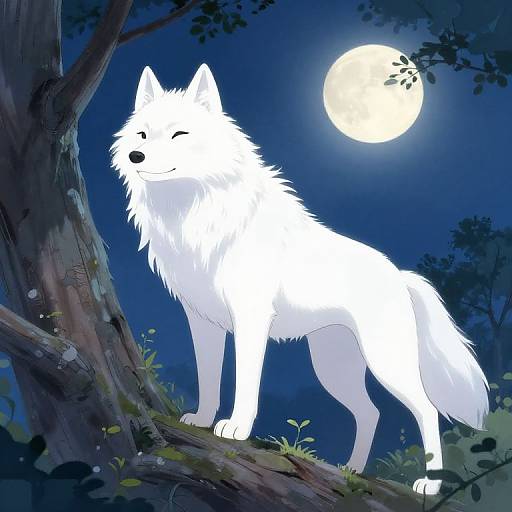 Digital illustration of a glowing white wolf standing on a tree branch under a full moon, surrounded by dark, starry night sky and silhouetted