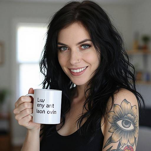 Photograph of a smiling woman with black wavy hair, nose ring, and large sunflower tattoo, holding a white mug reading 