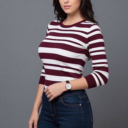 Photograph of a woman with long dark hair wearing a maroon and white striped long-sleeve shirt, blue jeans, and a white wristwatch