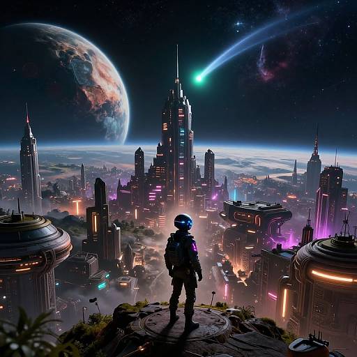 Digital sci-fi artwork: Silhouetted astronaut with helmet stands on rooftop, gazing at glowing cityscape below, with planet in the sky and